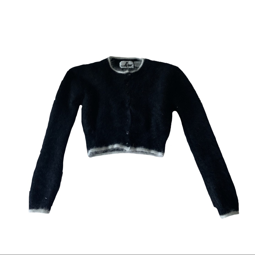 Thrifted cropped black sweater with fury white collar and sleeves at the ends!